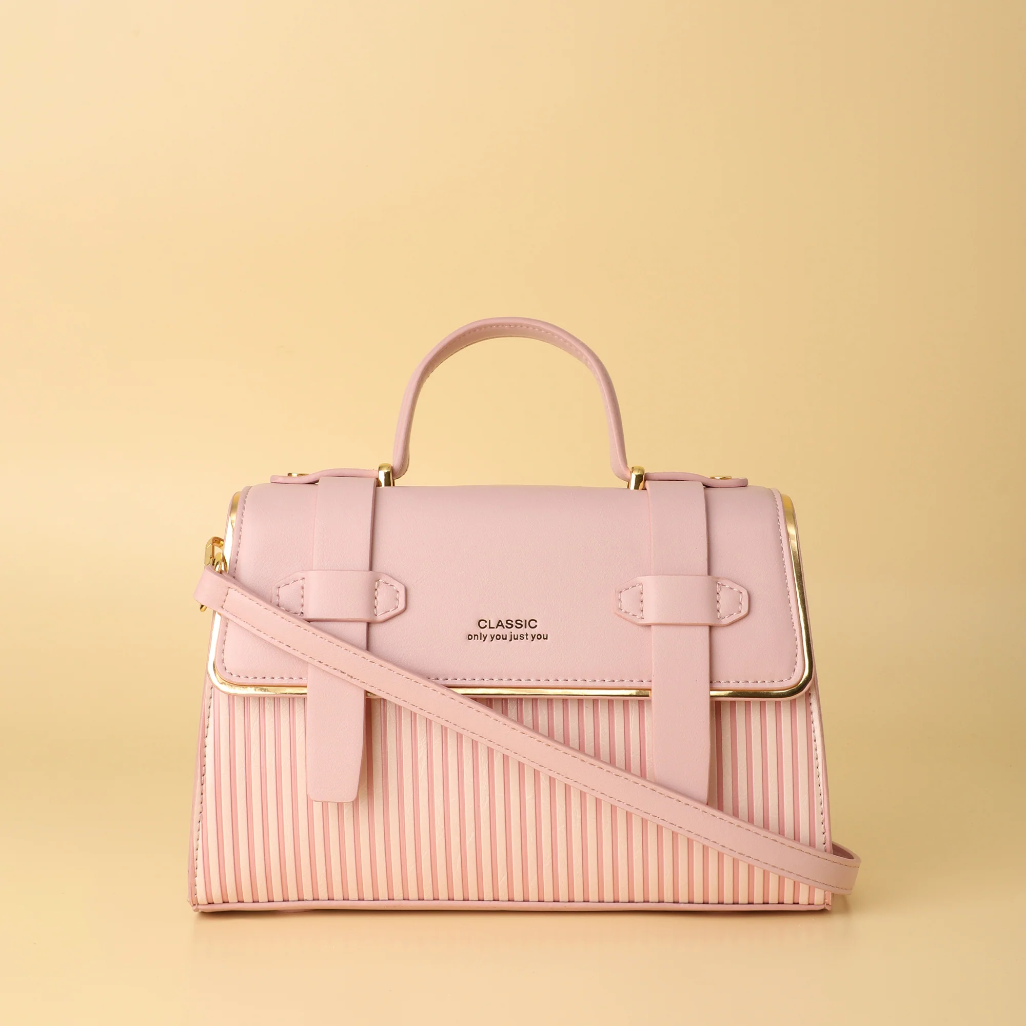 Blush Pink Striped Classic Handbag